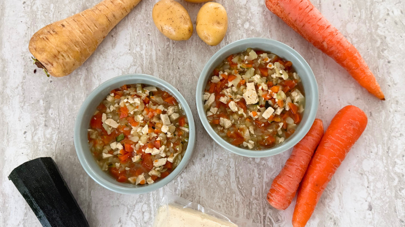 Draufsicht der fertigen Suppe in Futternöpfen mit den Gemüsezutaten drum herum liegend