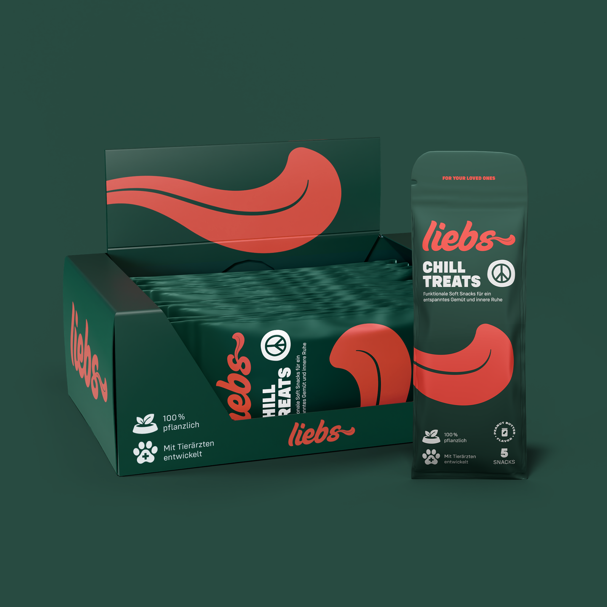 Liebs Chill Treats Produkt Tray mit Beuteln vor grünem Hintergrund