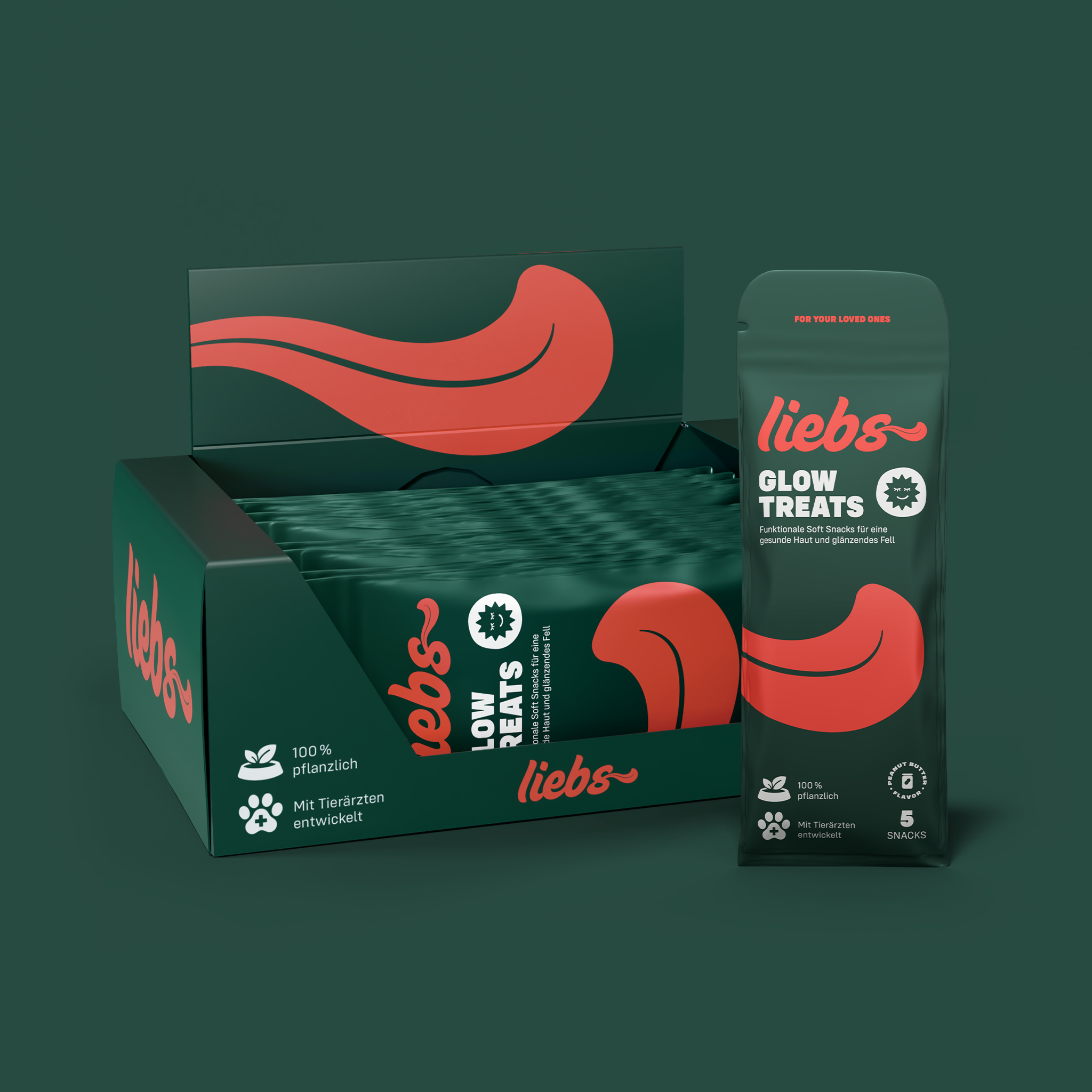 Liebs Glow Treats Produkt Tray mit Beuteln vor grünem Hintergrund