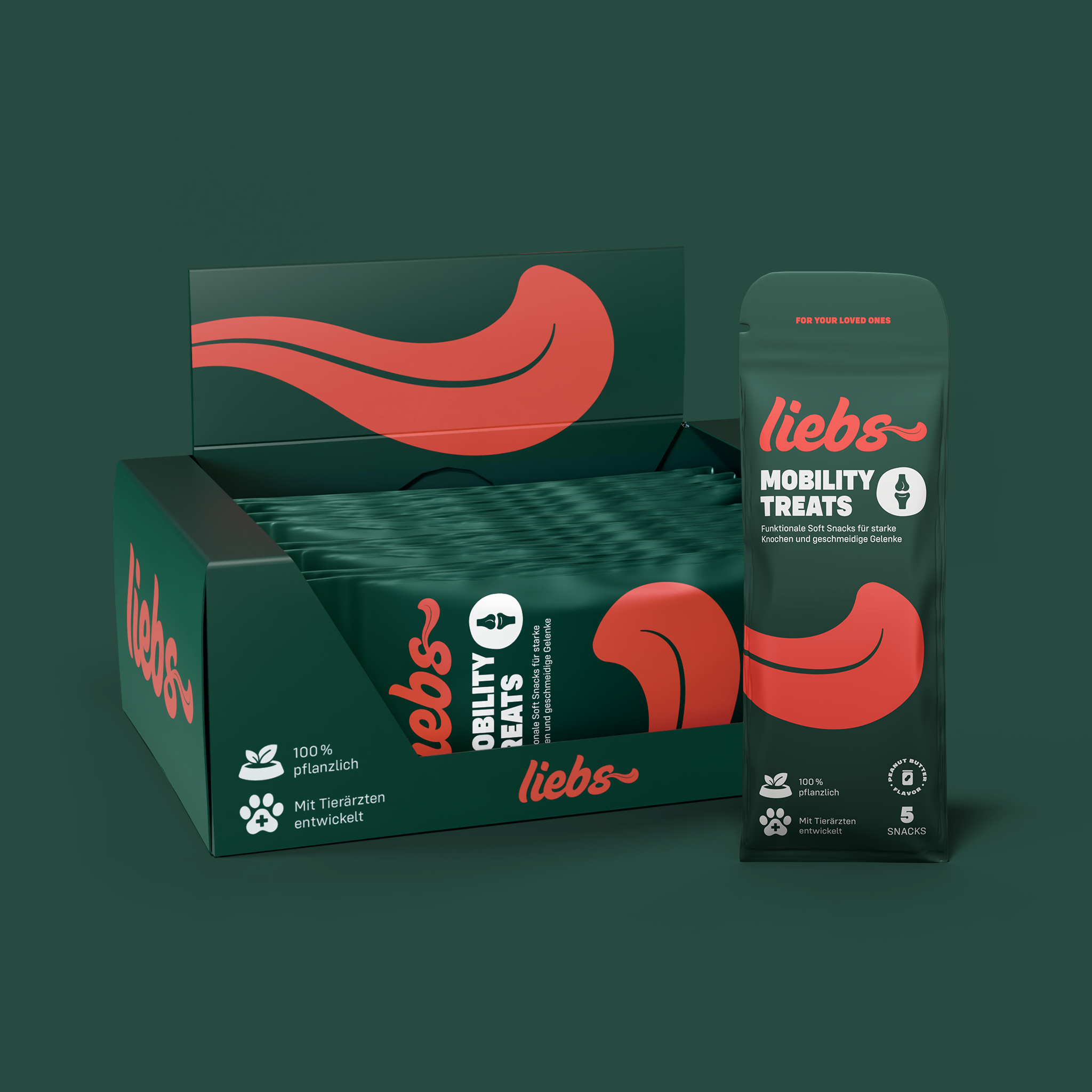 Liebs Mobility Treats Produkt Tray mit Beuteln vor grünem Hintergrund