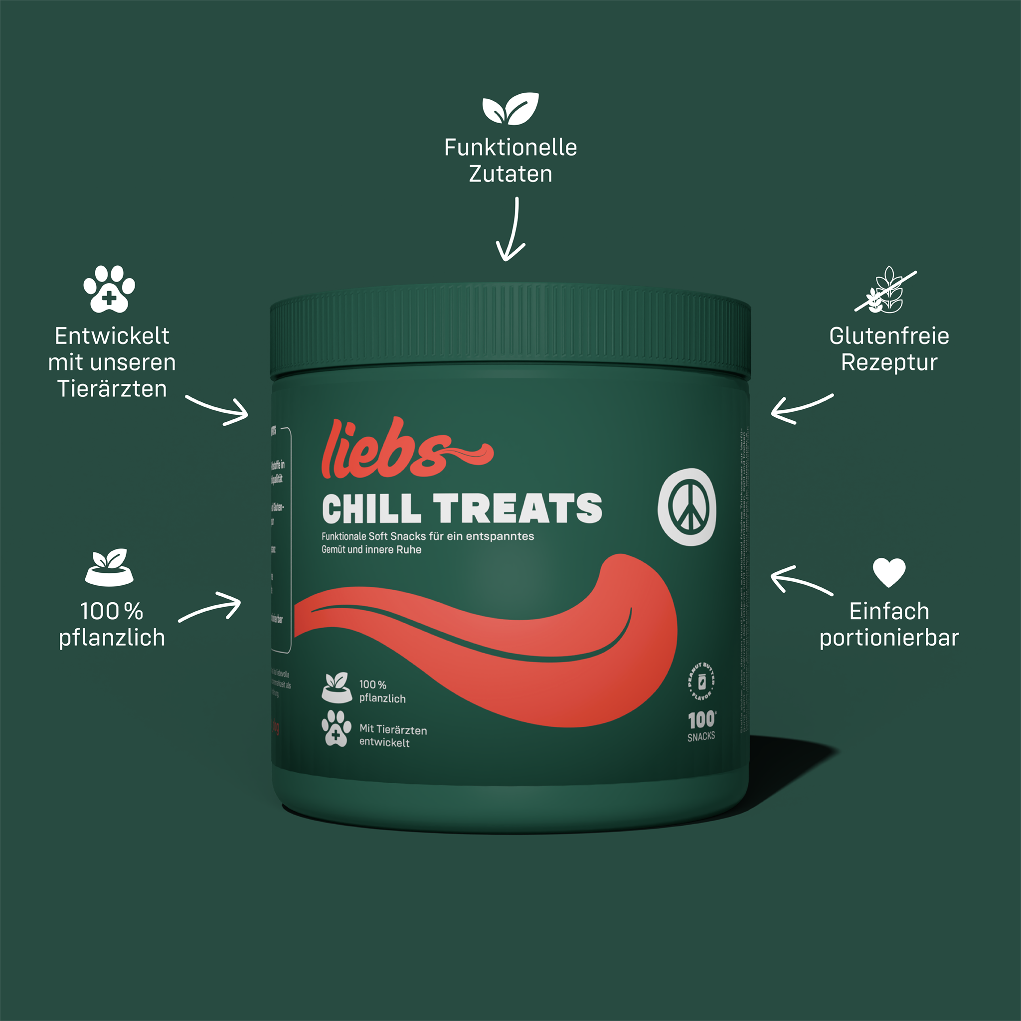 Liebs Chill Treats Produkt Dose vor grünem Hintergrund mit Benefits in Textform und Icons