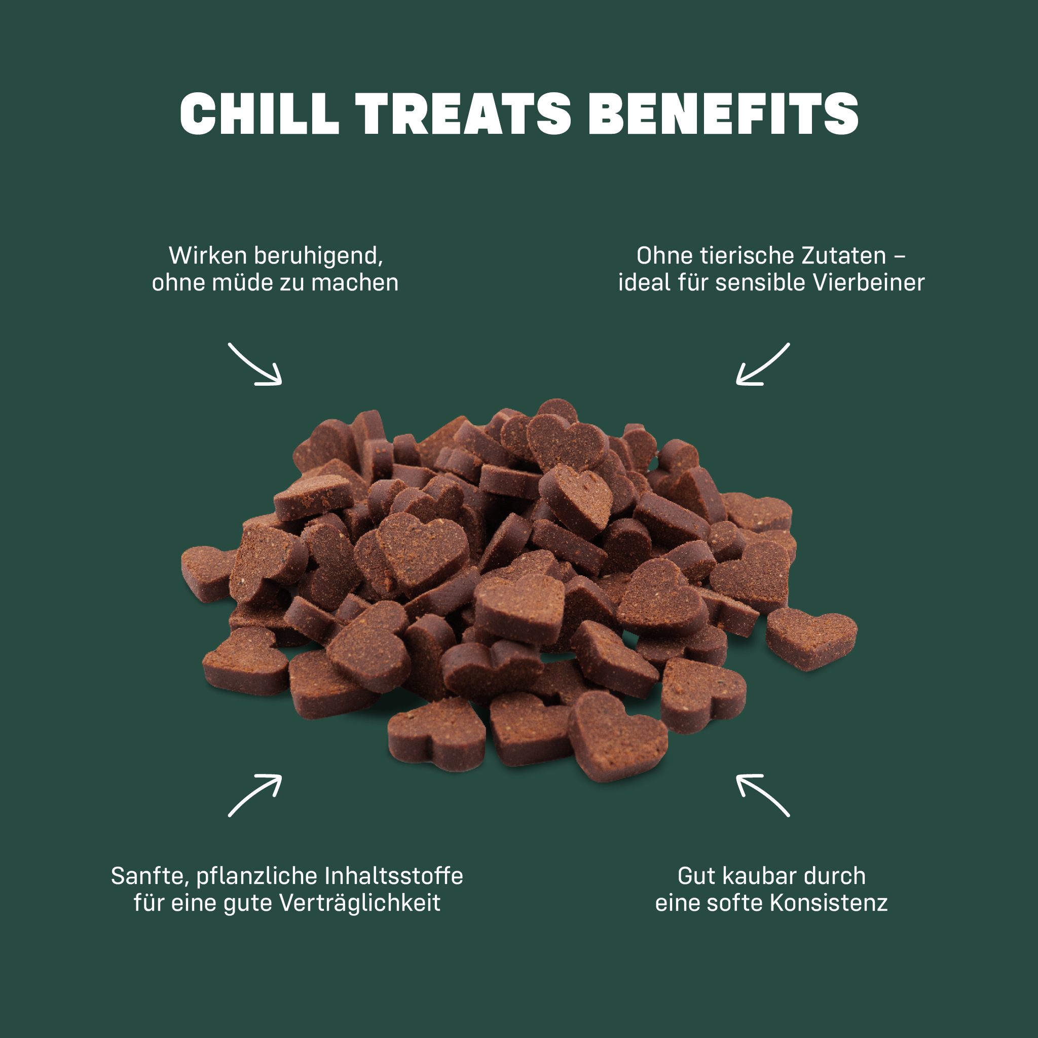 Chill Treats Benefits in Textform um einen Haufen Leckerlies herum angeordnet