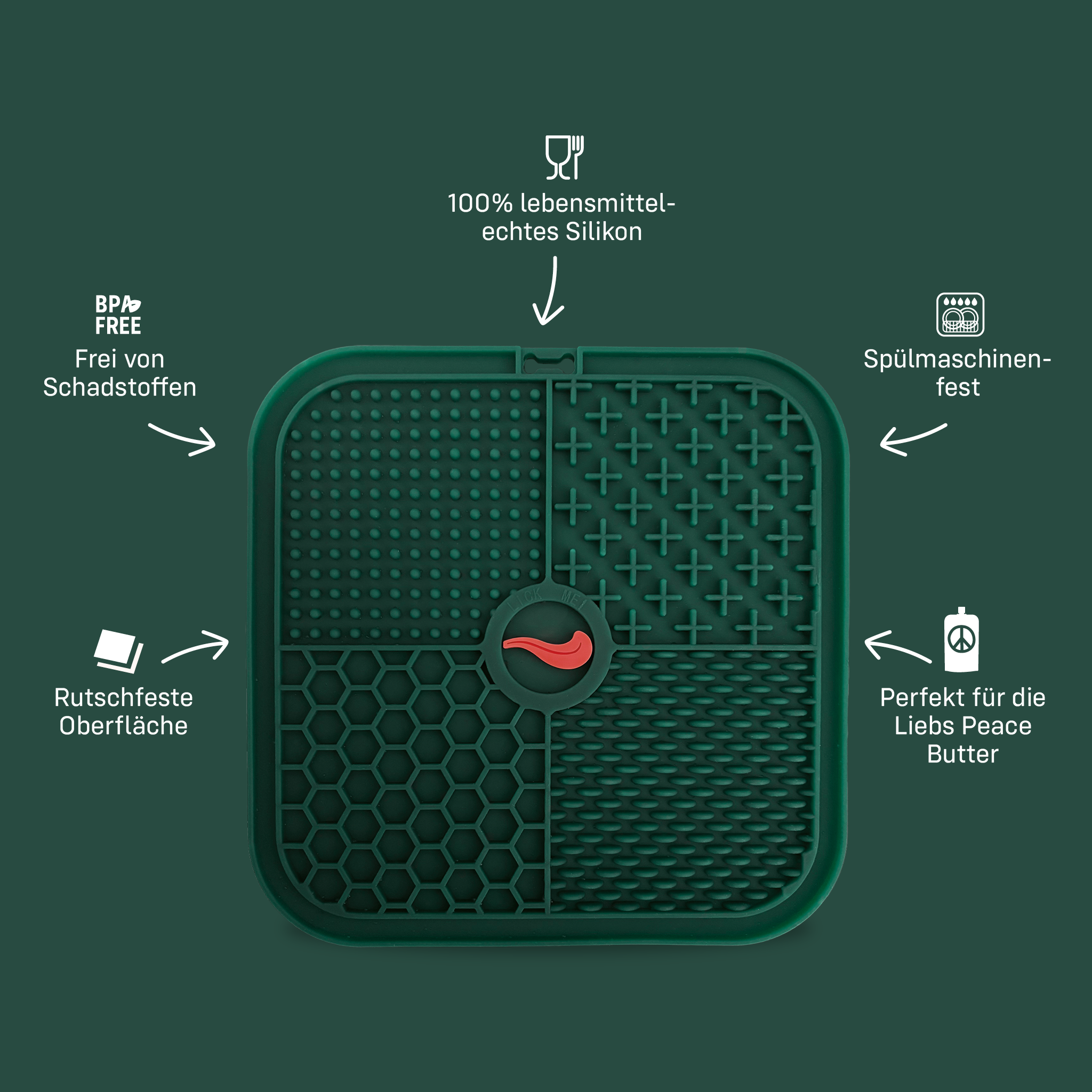 Liebs Schleckmatte mit Icons und Benefits in Textform