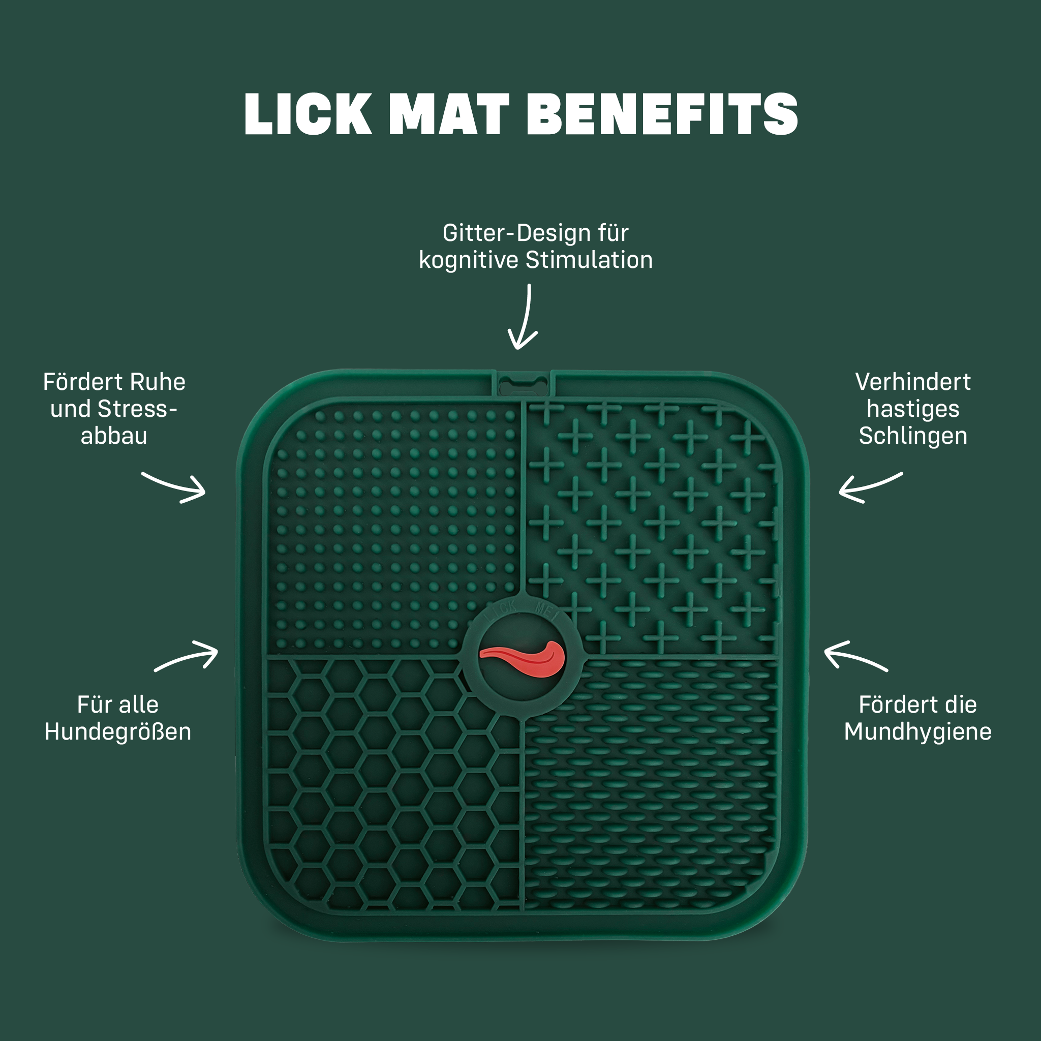 Liebs Schleckmatte Produkt Dose vor grünem Hintergrund mit Benefits in Textform