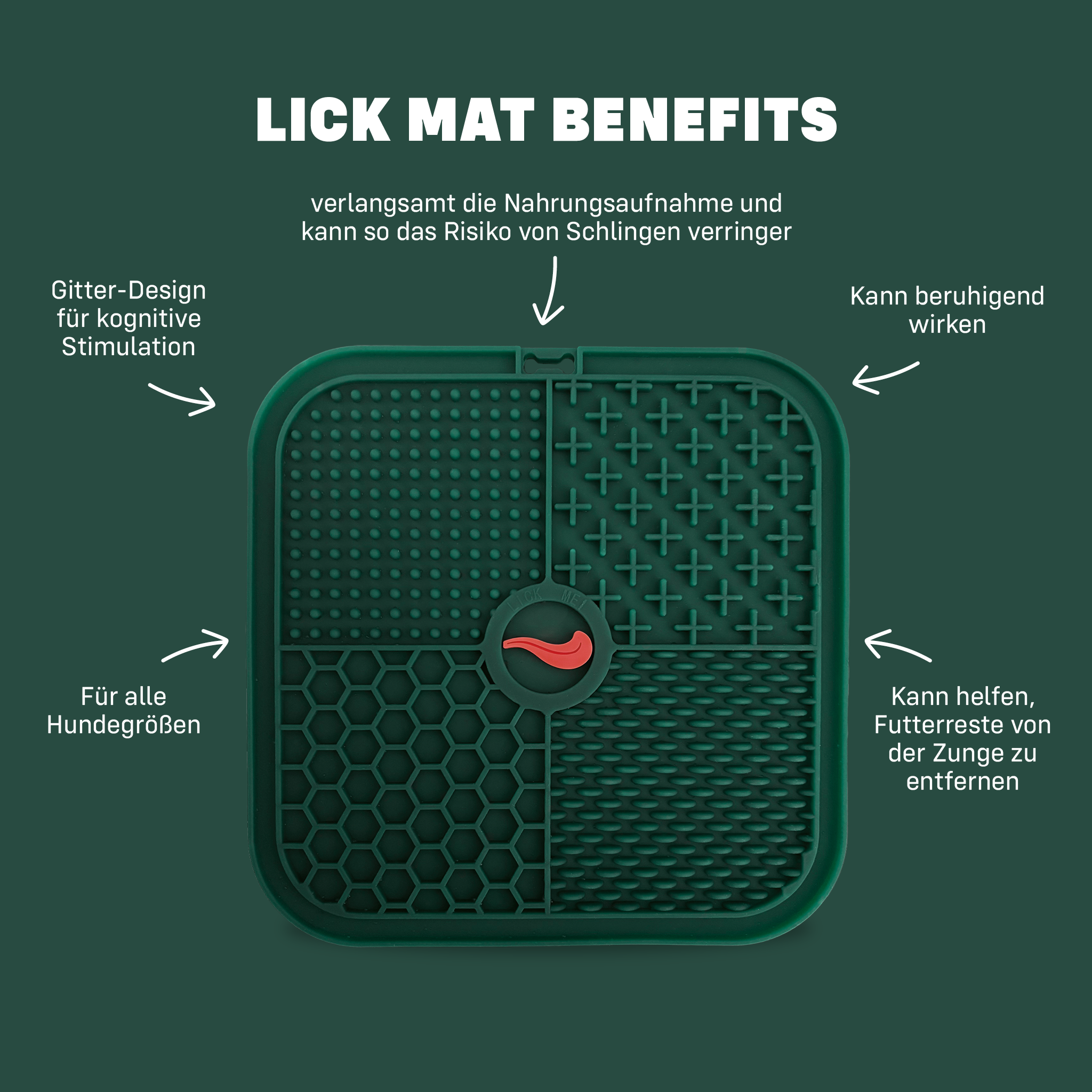 Liuebs Lick Mat Benefits in Textform drum herum angeordnet
