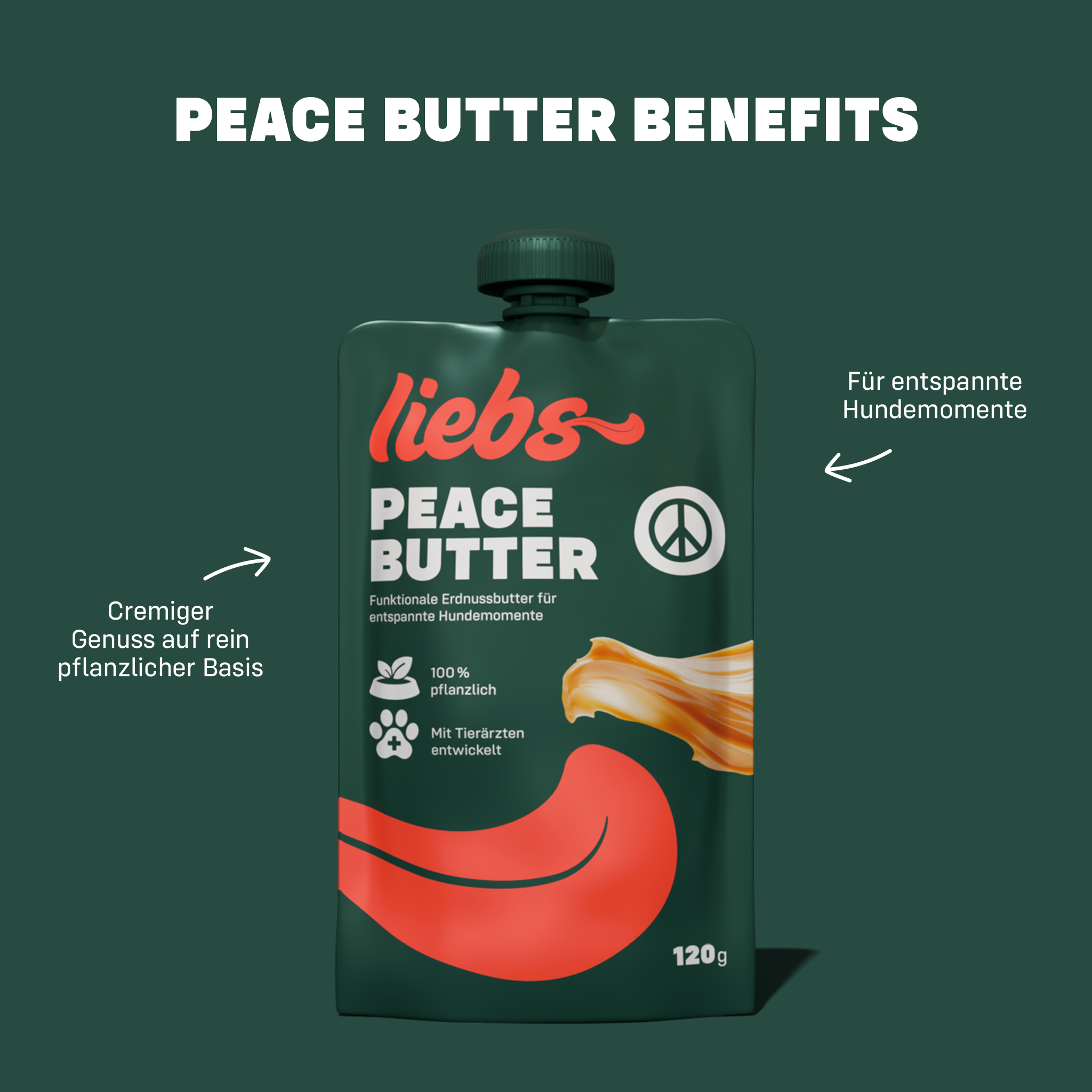 Liebs Peace Butter Erdnussbutter Produkt Dose vor grünem Hintergrund mit Benefits in Textform