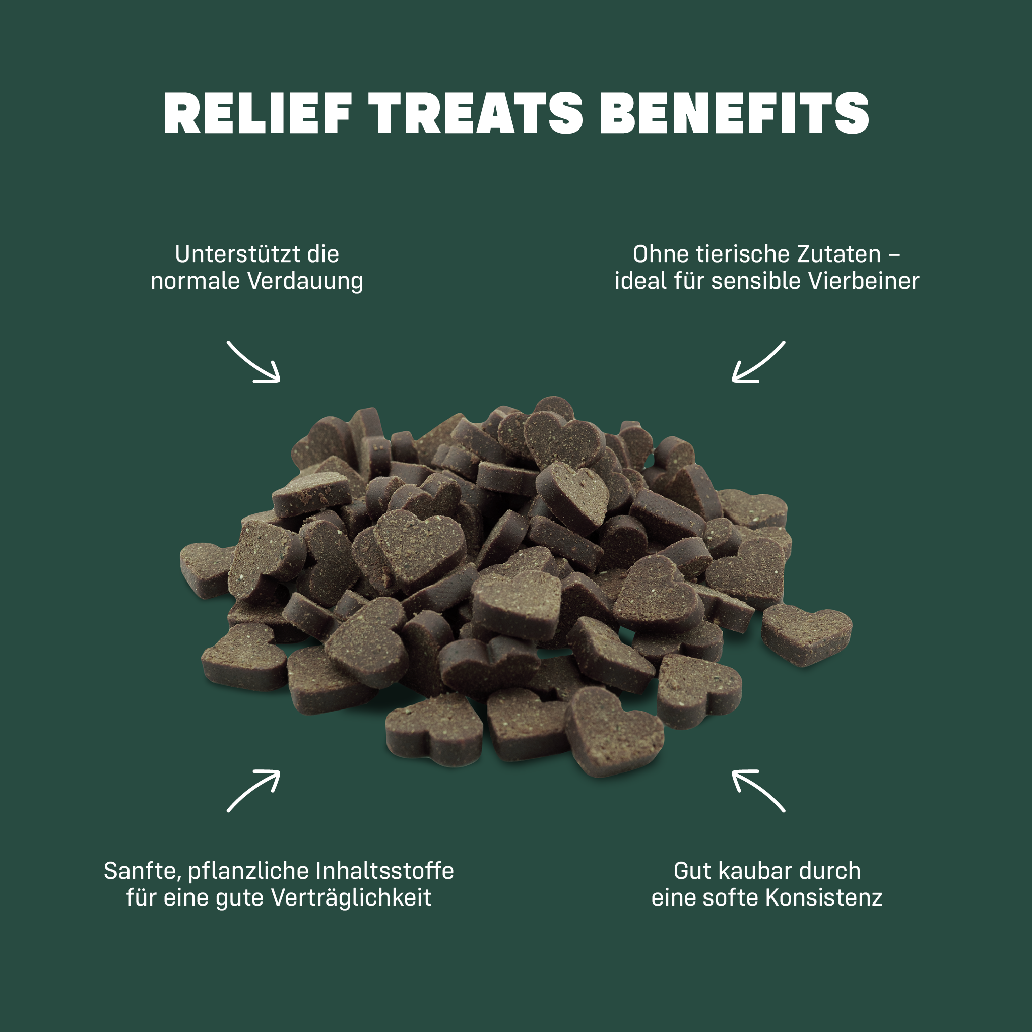 Relief Treats Benefits in Textform um einen Haufen Leckerlies herum angeordnet