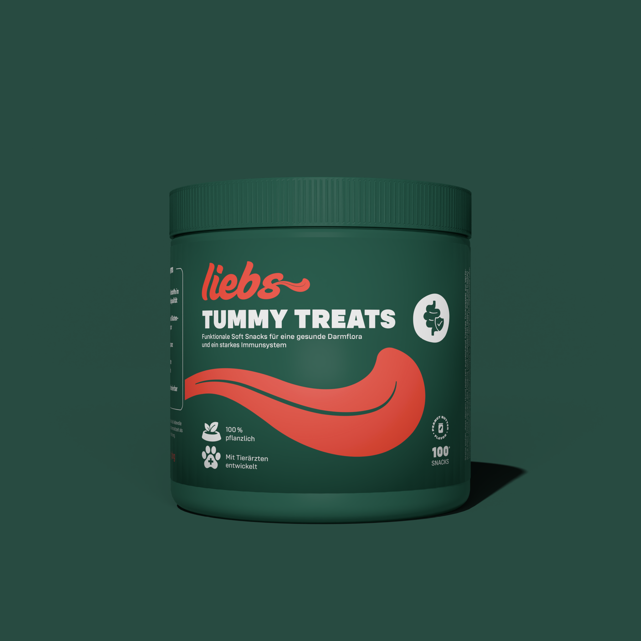 Liebs Tummy Treats Produkt Dose vor grünem Hintergrund