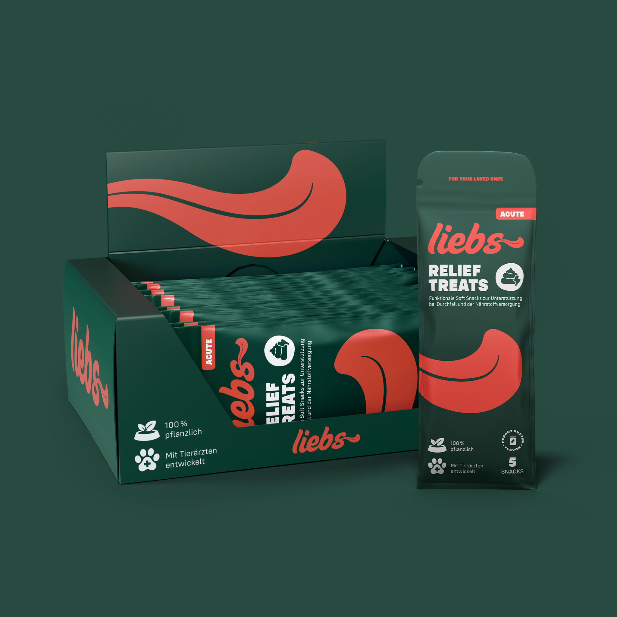 Liebs Relief Treats Produkt Tray mit Beuteln vor grünem Hintergrund
