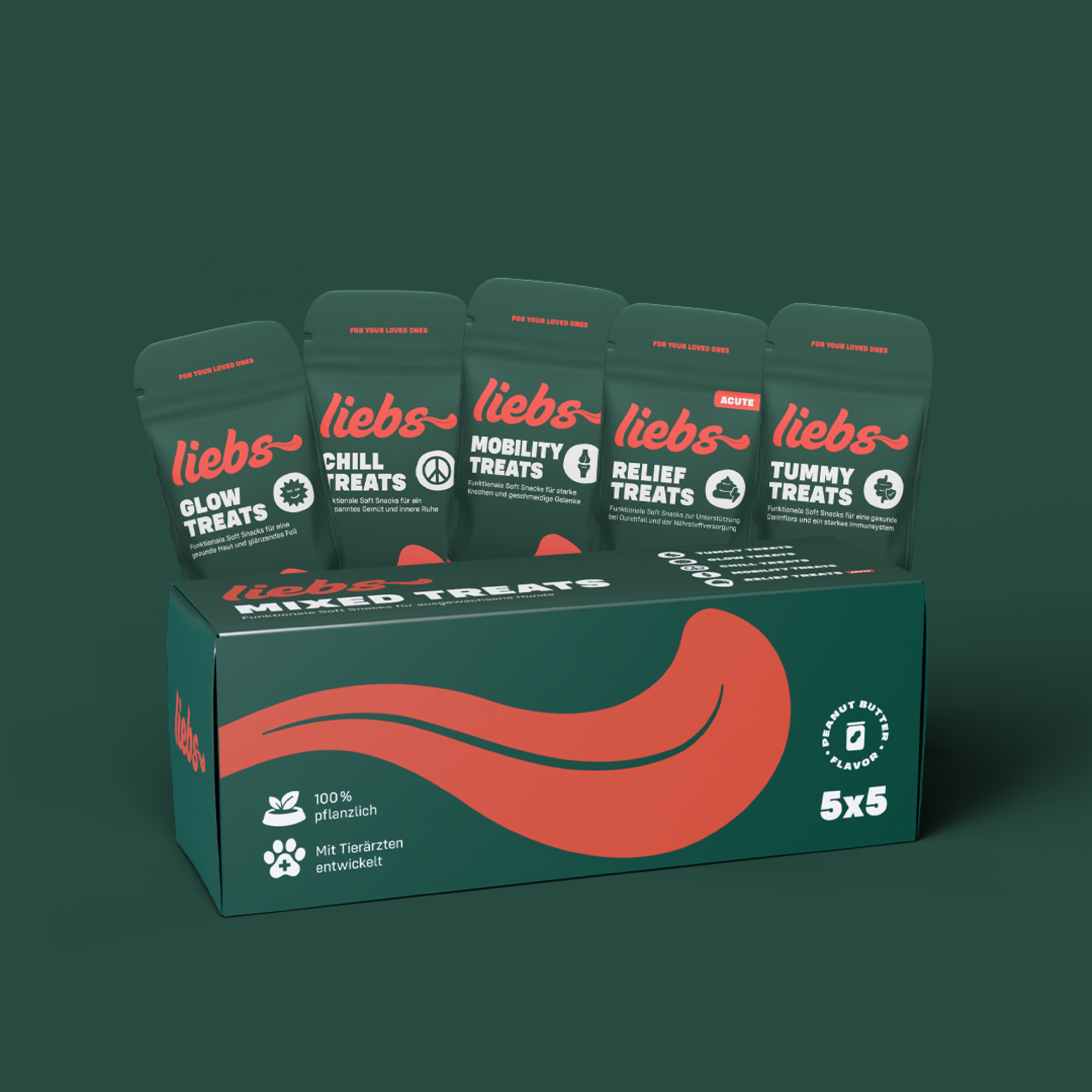 Liebs alle Treats Produkt Beutel im Tray vor grünem Hintergrund