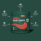 Liebs Relief Treats Produkt Dose vor grünem Hintergrund mit Benefits in Textform und Icons